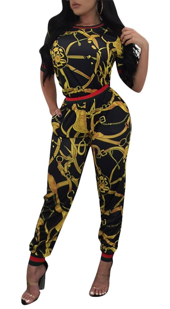 Joseph Costume Women's Casual Print Pullover Two Pieces Outfits Long Pants Jumpsuits Set