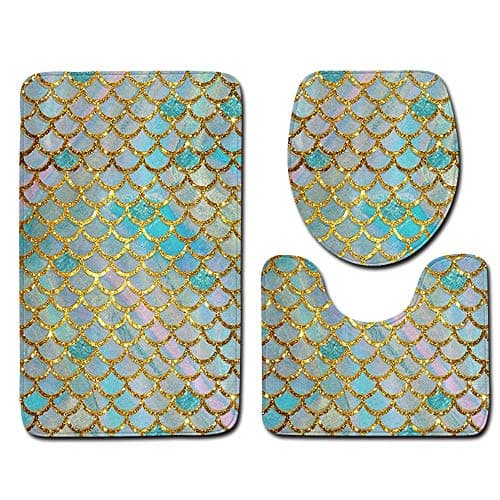 Toilet mats Set Fiaya 3Pcs /4PCS Fish Scale 3D Multicolor Polyester Bathroom Set Rug Contour Mat+Toilet Lid Cover +Plan Solid Color Bath Mats +Shower Curtain (3PCS, Colorful E01)