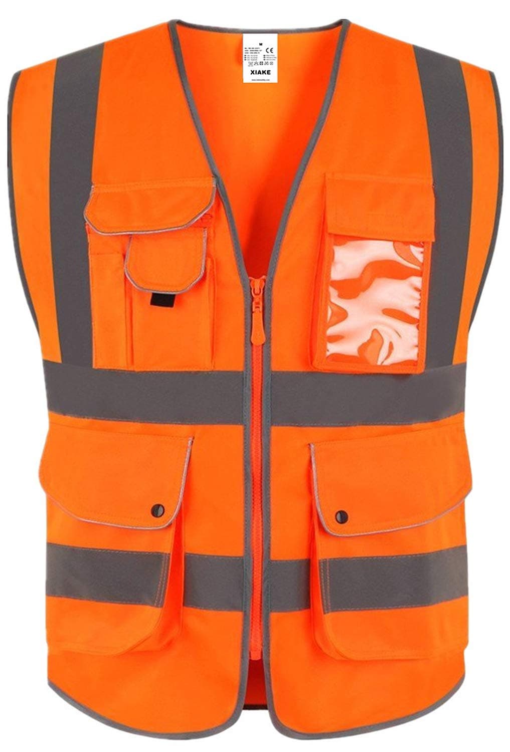 XIAKE 9 Pockets High Visibility Reflective Safety Vest, Zipper Front, Meets ANSI/ISEA Standards(Small,Orange)