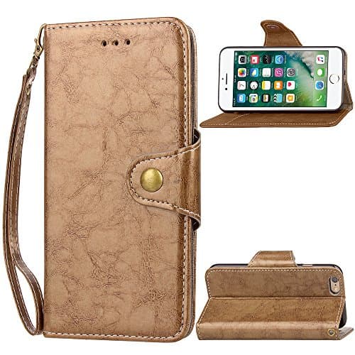 Iphone 6 plus 6s plus phone case, Retro business leather buckle card holder TPU lanyard simple models Stand Magnetic Purse Cash Pocket&Wrist Strap for Iphone 6 plus 6s plus (gold)