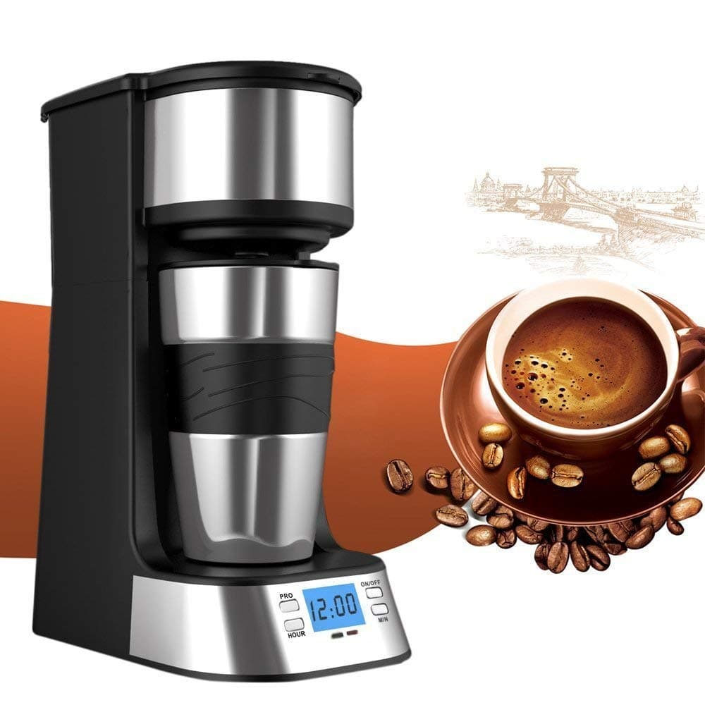 eTTgear Coffee Maker, One Cup Brewer Dripper with Travel Coffee Mug Black & Stainless Steel, Silver