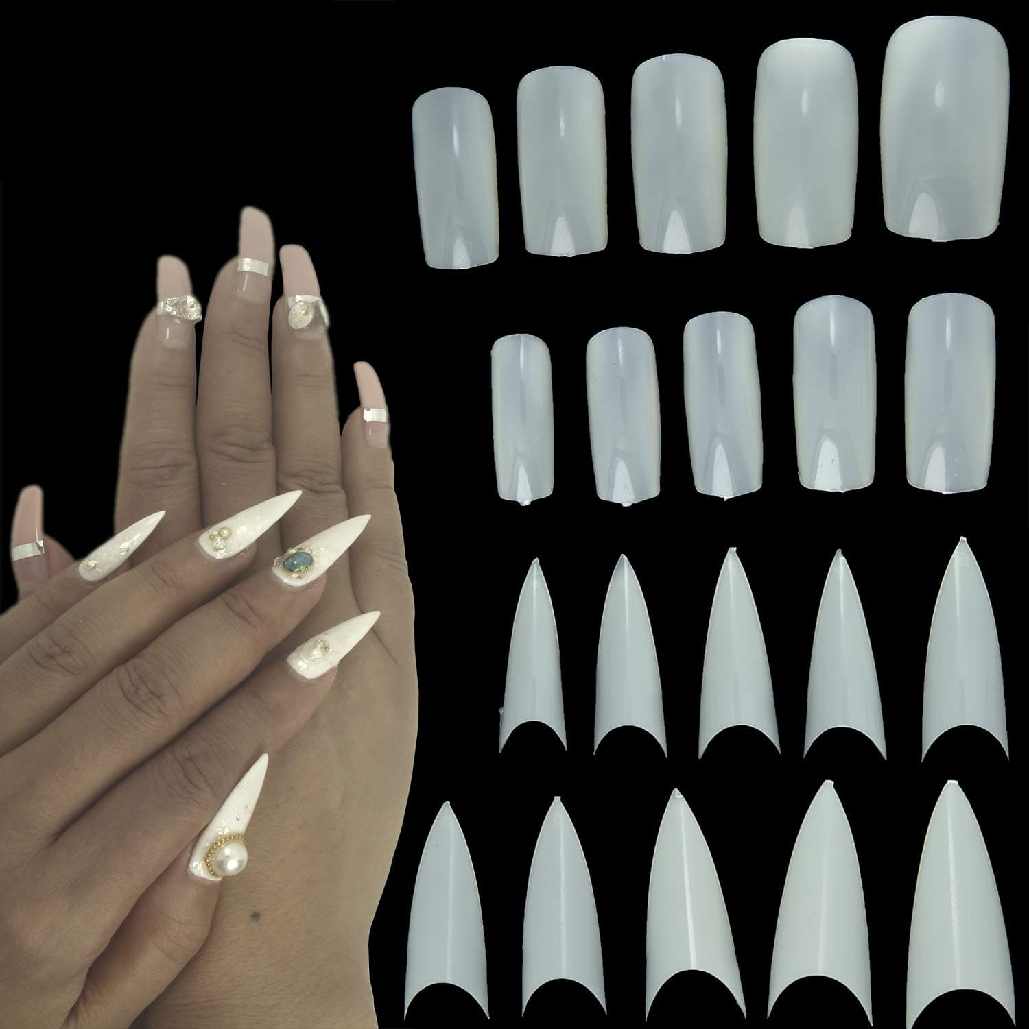 79STYLE 1000 Pcs Fake Nails Tips White Squoval Squarely Oval Rounded Full Cover and pointy tips Stiletto Long Claw Nails half cover Acrylic False Nails (10 Sizes)