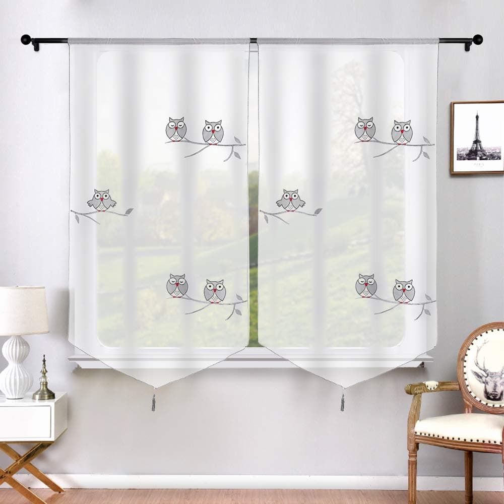 Urijk Cafe Curtains Triangle Hem Small Window Balcony Curtain Owls Printed(1 Panel)
