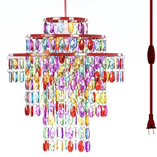 The Original Gypsy Color One Light Plugin Chandelier with Three Tiers of Hanging Crystals H14 W13, Red Metal Frame with Multicolor Acrylic Crystals