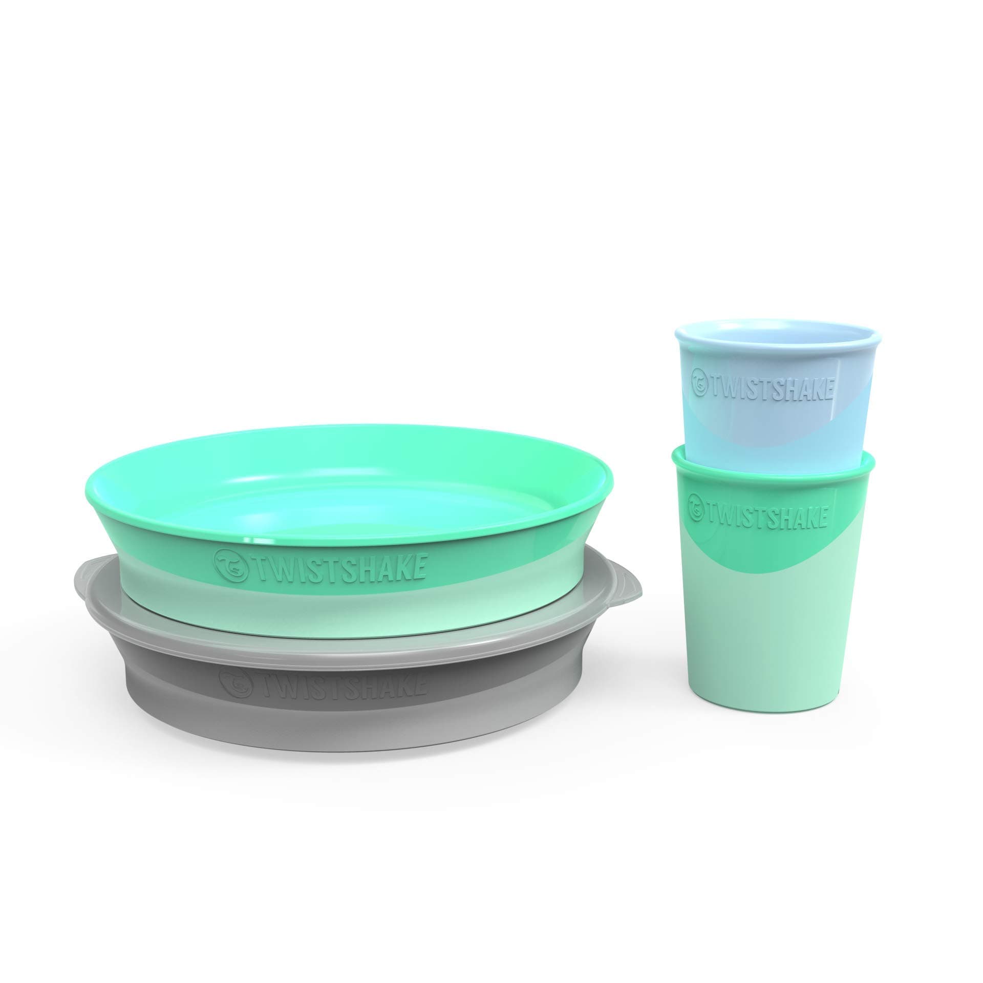 Twistshake Bundle 6+m for Boys with (2) Plates + Cover, 2PK Training Cups Pastel Blue/Grey/Pastel Green