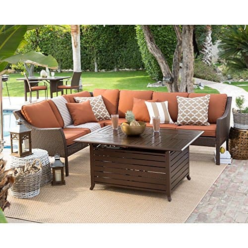 Brown Modern All Weather Wicker Fire Pit Conversation Set | Stylish Contemporary Furniture to any Home Outdoor by the Porch, Gazebo, Garden, Deck or Pool