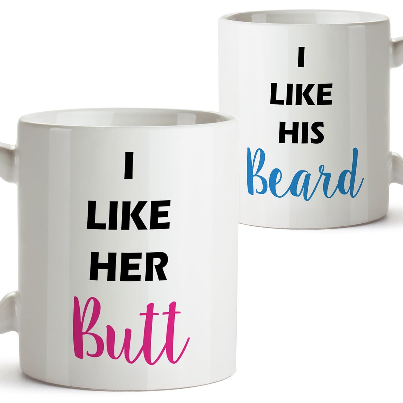 2 Funny Mugs for Couples -"I Like Your Butt, I Like Your Beard" - Nice Presents Ideas for Lovers, Boyfriend, Girlfriend, Partner - Ceramic 11oz / 350mL