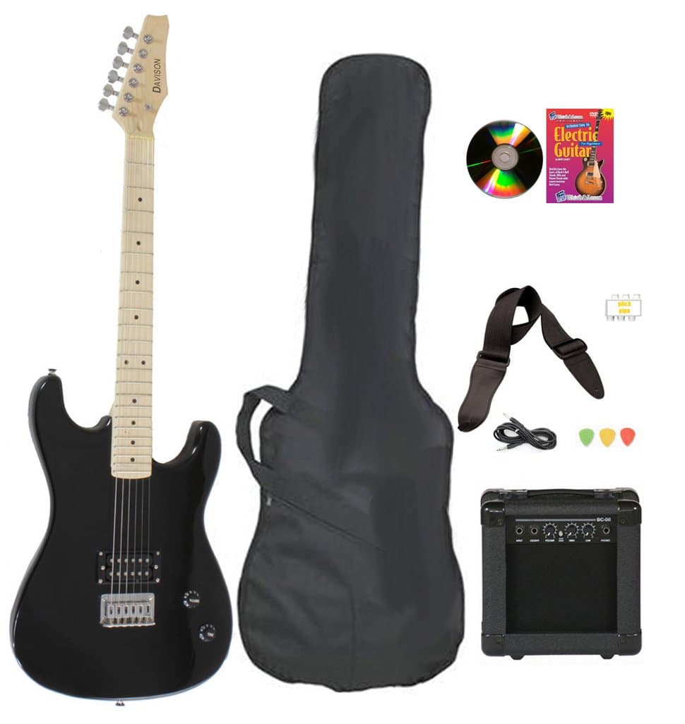 Black Full Size Electric Guitar & Practice Amp with Case Strap Cord Beginner Package & DVD