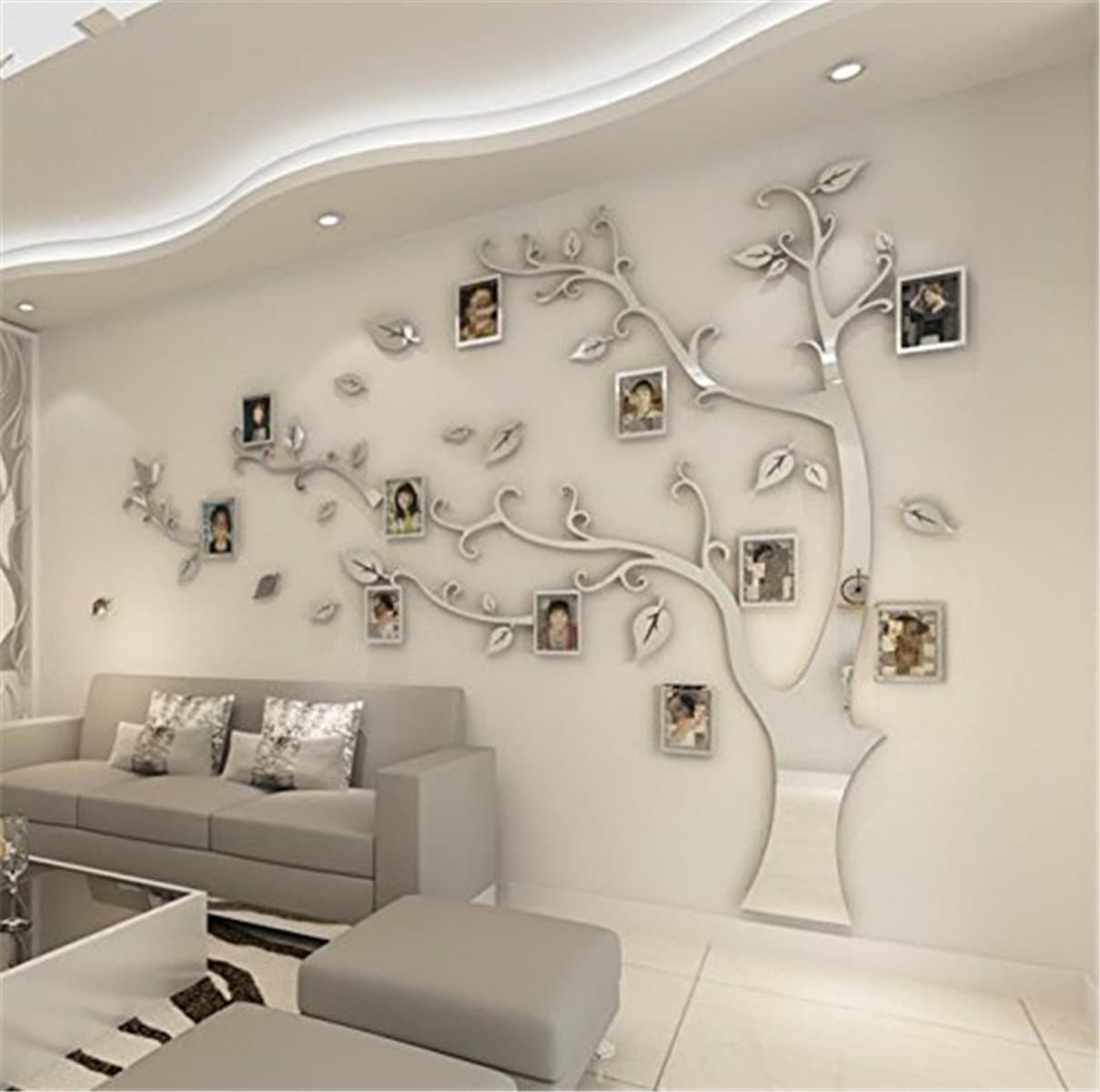 DIY 3D Huge Menory Tree Wall Stickers Crystal Acrylic Photo Frame Tree Wall Decals Wall Murals Home Decorations Arts (M, Silver, Right to Left)
