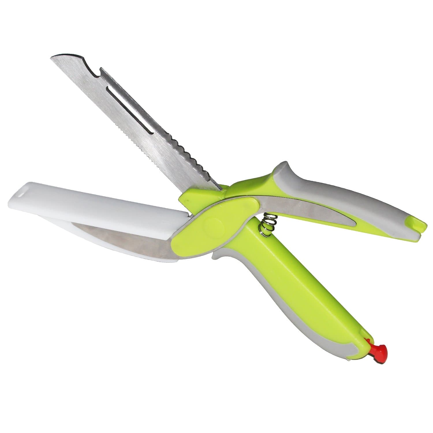 Myrnason 6 in 1 Multi Cutter - Clever Kitchen Scissors & Shears With Built-in Cutting Board, Fruits & Vegetable Peeler, Cutlery Knives (Chef Knife & Serrated Knife), Bottle Opener, and Scaler (Green)