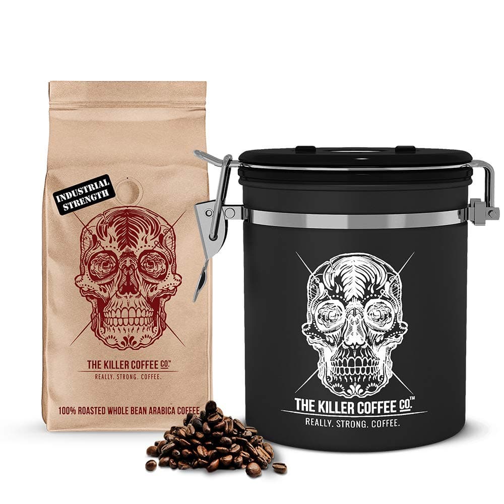 Killer Coffee Storage Tin 16oz with Killer Coffee Beans 16oz - Airtight Stainless-Steel Canister with One-Way Valve & Calendar Wheel + Australia's Strongest Coffee