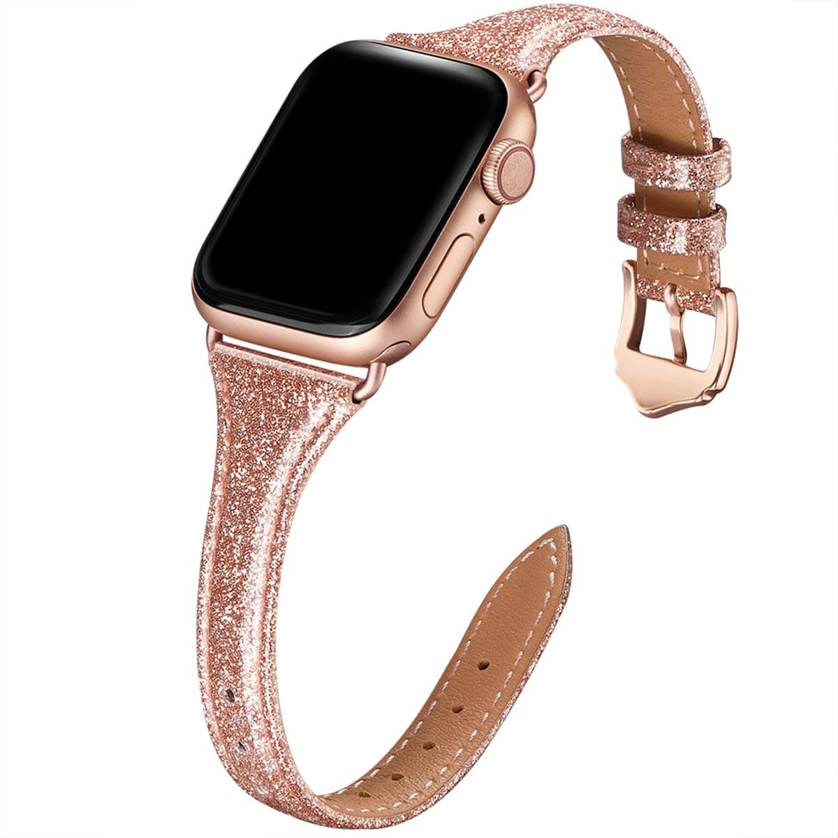 WFEAGL Compatible for Watch Strap 38mm 40mm, Multiple Colour Slim Leather Sport Replacement Strap with Watch Series 5/4/3/2/1,(38mm 40mm,Slim Glittering RoseGold Band+RoseGold Adapter)