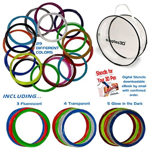 3D Pen Filament Refills - 1.75mm ABS Filament Bundle - 29 Colors Total 435ft Includes Transparent, Fluorescent, Glow in The Dark Colors Plus More! Ebook & Carry case