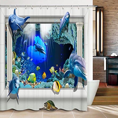 Imonet Thicken Polyester 3D Dolphin Shower Curtain with Hooks, Mildew Proof & Waterproof 72 x 72 inches