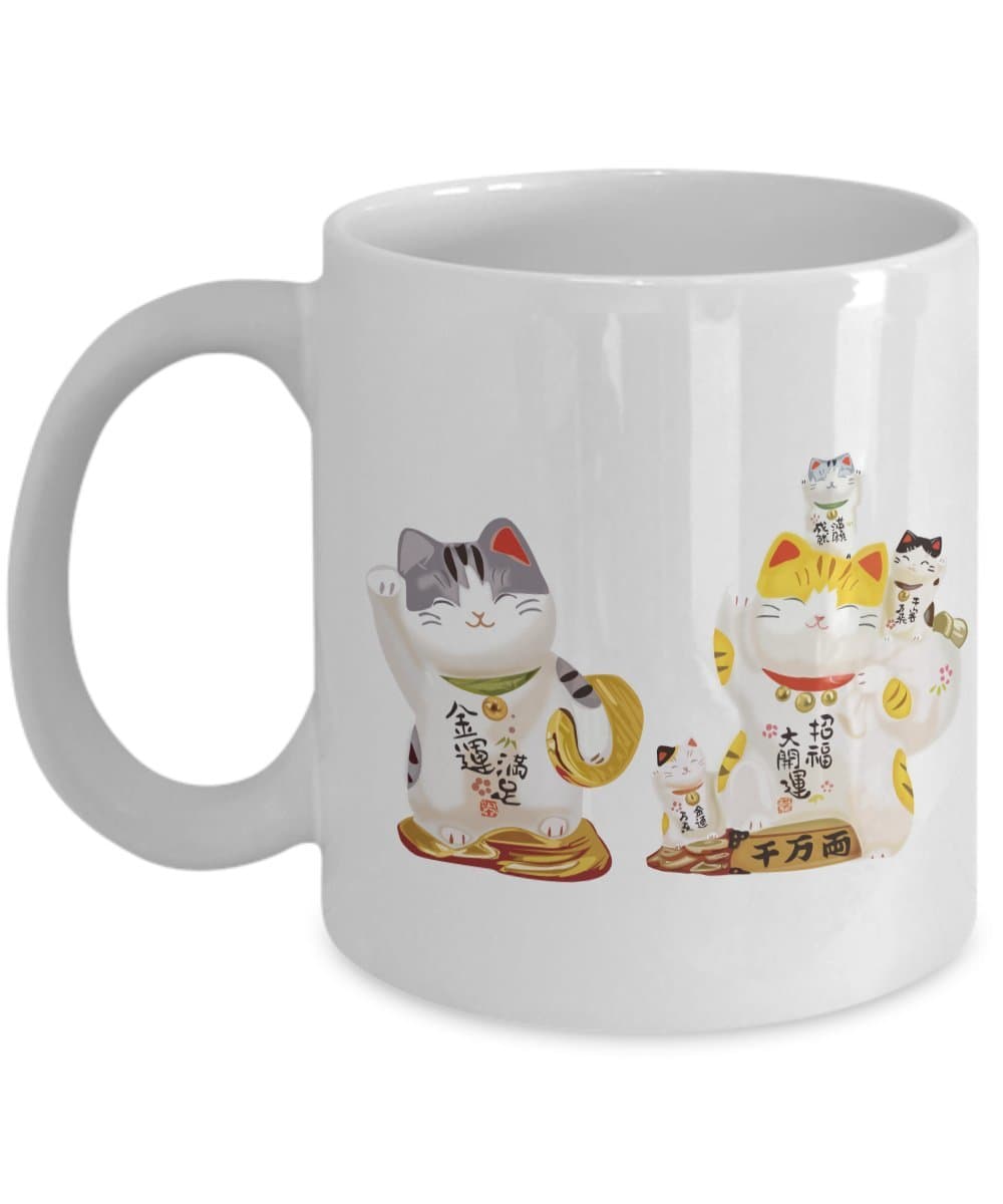 Cat Coffee Mug - Cute Funny Kitten Tea Cup Gift Ceramic - 6 Waving Kitty Figurine with Chinese Character - Bring Wealth and Treasure