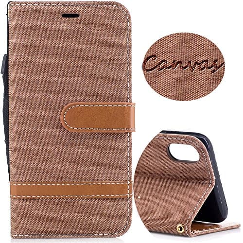 Wallet Leather Case for iPhone X, Denim Canvas Case with Card Slots & Kickstand & Wrist Strap, 360 Full Body Protective Embedded Magnetic Flip Folio Cover for iPhone X Edition /iPhone 10 (5.8)- Brown