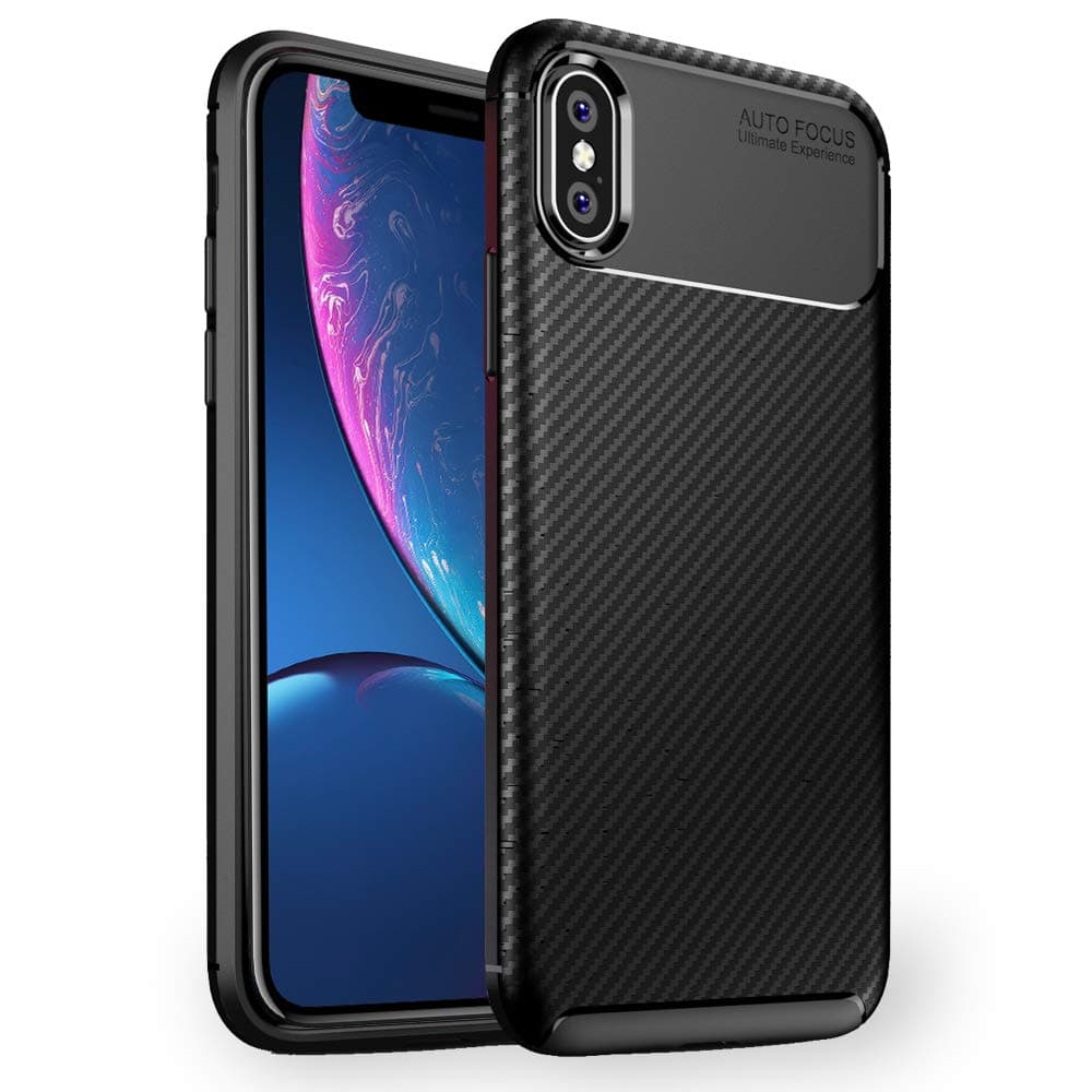 NALIA Silicone Case compatible with iPhone X/XS, Carbon Look Protective Back-Cover, Ultra-Thin Rugged Smart-Phone Soft Rubber Skin, Shockproof Slim-Fit Bumper Protector Backcase Shell Etui - Black
