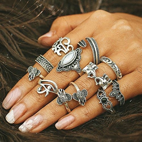 Setita 11 Pieces Retro Silver Turkish Elephant Feather Black Gemstone Joint Knuckle Nail Midi Ring Set Boho Ring Set