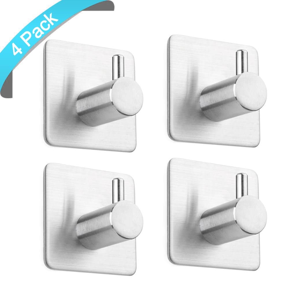 4 Pack of Self Adhesive Hooks, Max 8kg Towel Rail, Hat Towel Robe Coat Stick-up Stainless Steel Hanger for Kitchen Bathrooms Lavatory Closets, Water and Rust Proof