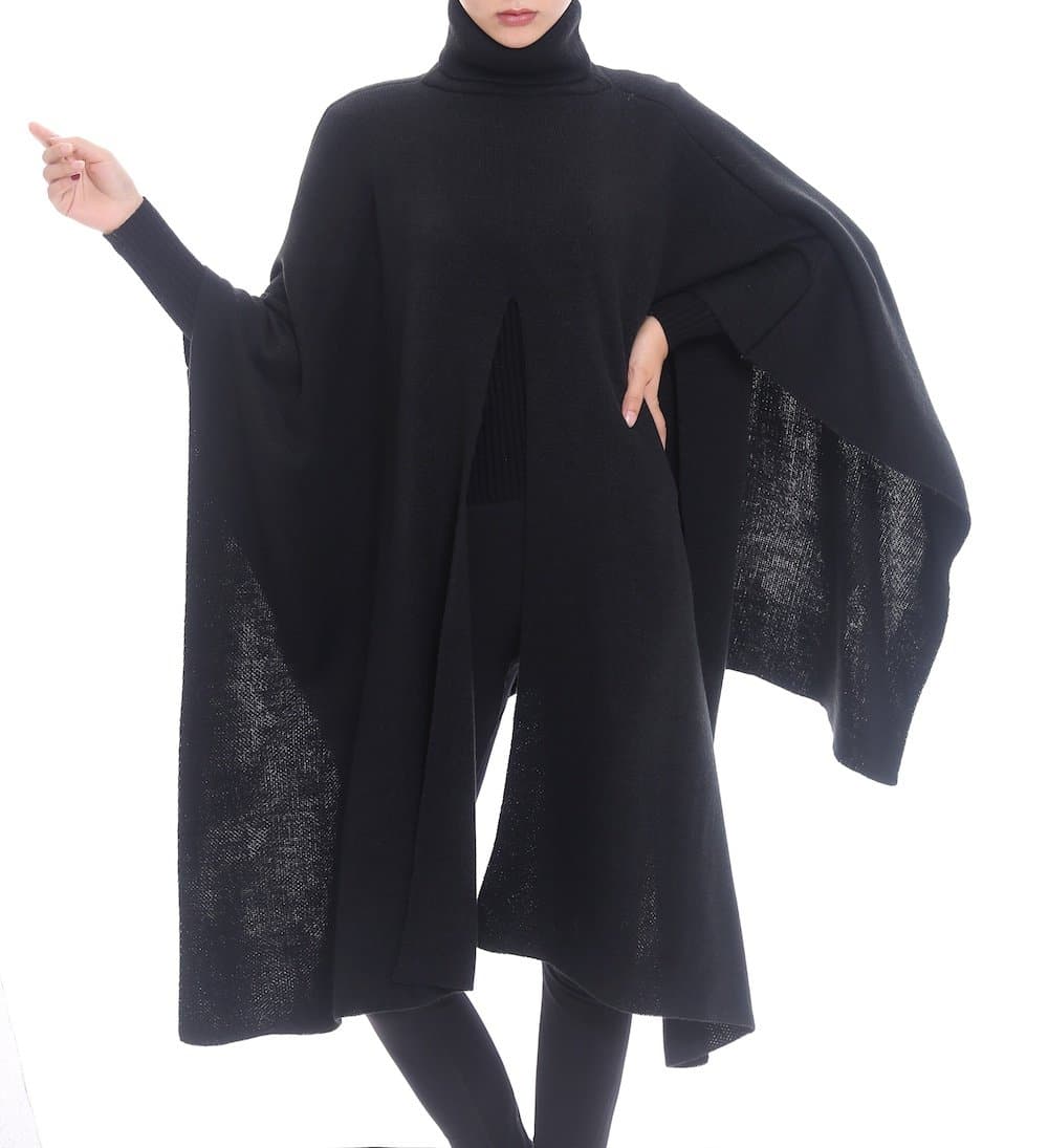 Women Turtleneck Open Front Knitted Pullover Cape Sweater Poncho Topper Long Evening Dresses