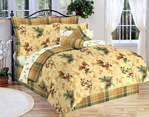 PINECONES & BERRIES AUTUMN FALL LEAVES LODGE COMFORTER SET REVERSES to PLAID(Queen Size Bed In A Bag)