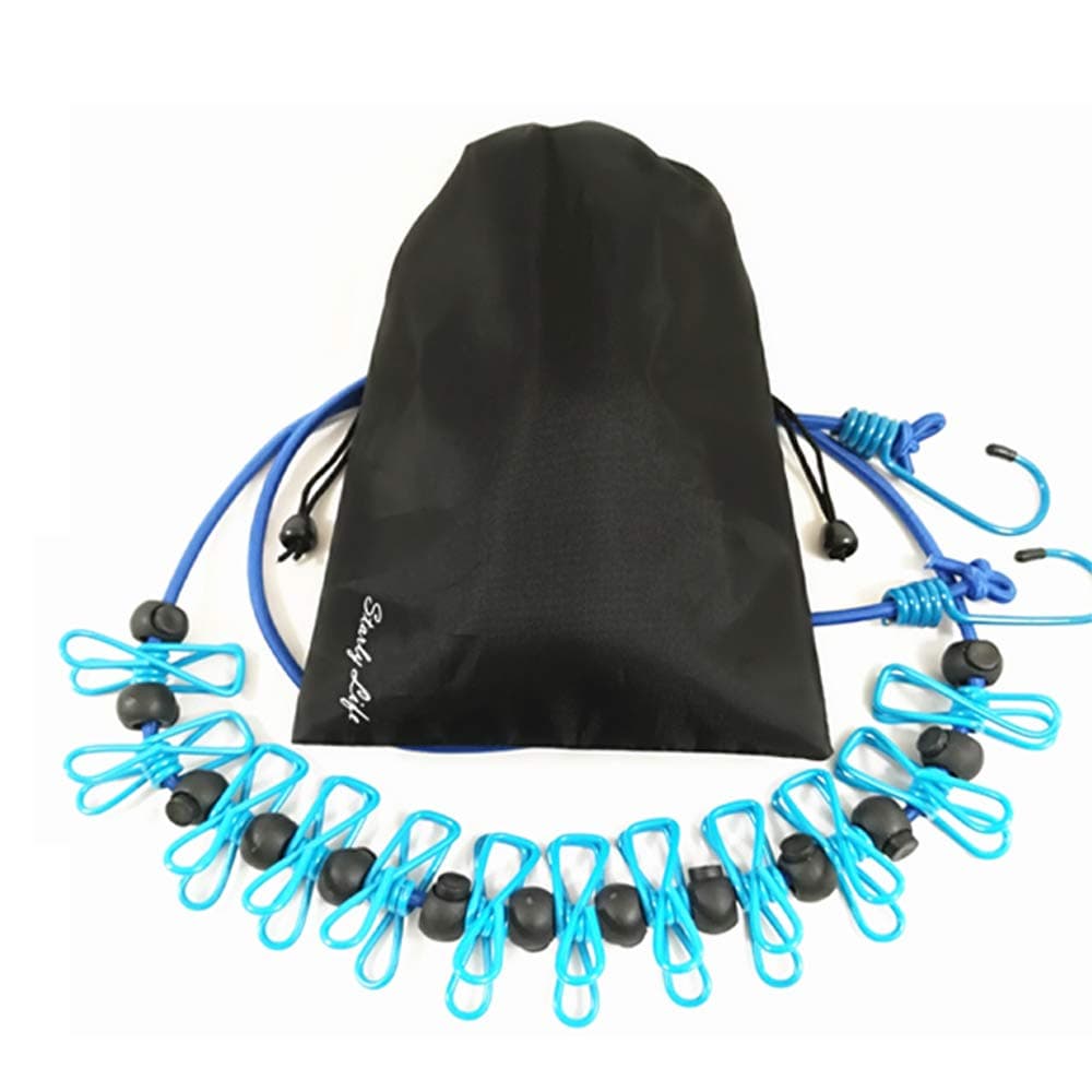 Adjustable Elastic Clothesline with Clips and Positioning Balls Portable Retractable Windproof Laundry Hanging Rope Anti-Skid Washing Line with Drawstring Bag (Light Blue)