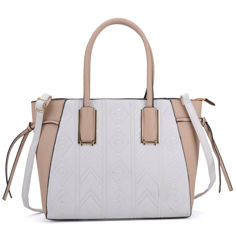 Sally Young Leather Look Stitching Shoulder Handbag Elegant Design Top Handle Fashion Handbags for Women (White)