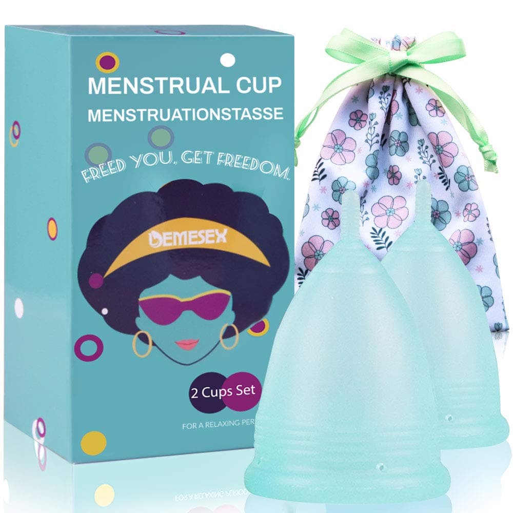 Menstrual Cup (1Large + 1Small Cup + 1Storage Bag) Period Cup for Heavy&Light Flow Soft and Reusable Moon Cup HQ Silicone Tampons and Pads Alternative, Blue …