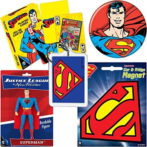 PopShoppes Superman Justice League PopBox (Deluxe Gift Bundle Set includes Bendable Figure, Playing Cards, Magnet, Button and Acrylic Keychain)