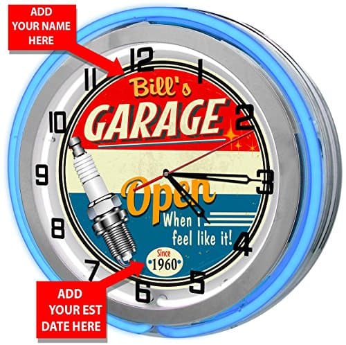 Redeye LaserworksPersonalized Vintage Blue Neon Light Garage Clock, Light Up Wall Clock
