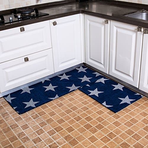 Kitchen Runner Rug Mats Navy,Set of 2-17”×24”+17”×47” Non Skid, Washable,Cream Stars