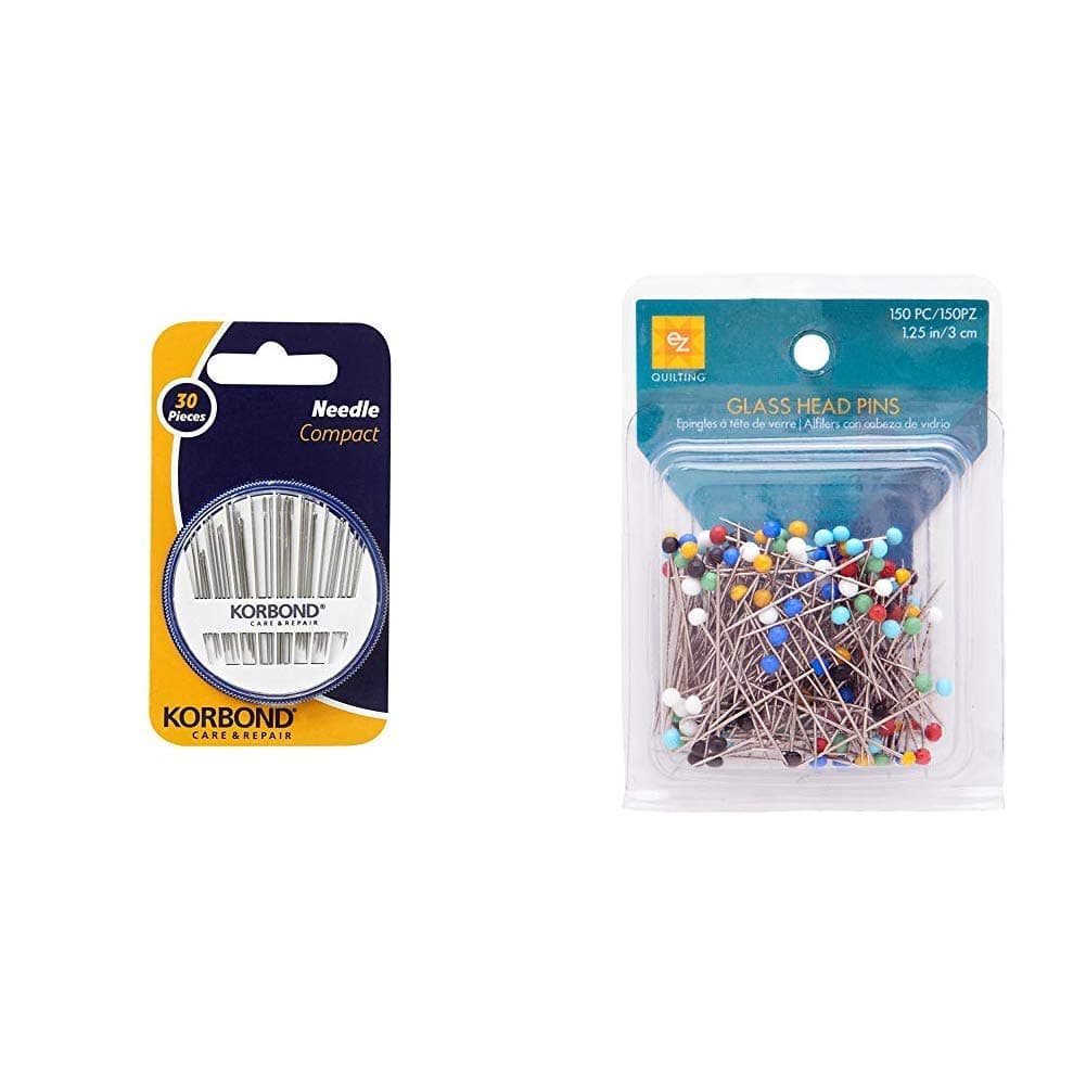 Korbond Needle Compact 30pcs, Small & EZ Quilting 881426A 150-Piece Glass Head Pins - Multicolor