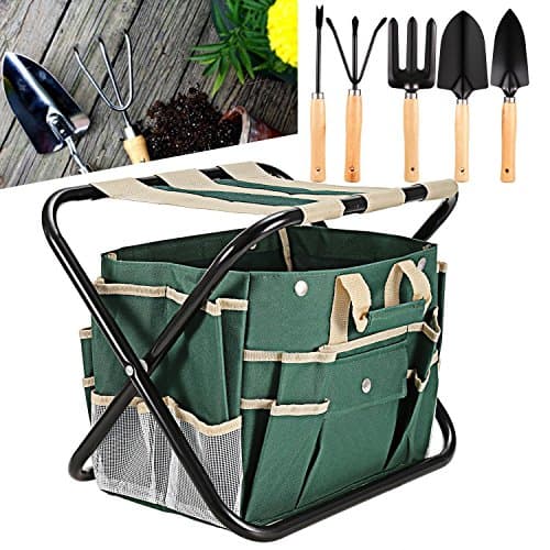 (US Stock) 7 Piece Garden Tool Set-5 Sturdy Stainless Steel Tools, All-In-One Tool Bag, Durable Folding Stool