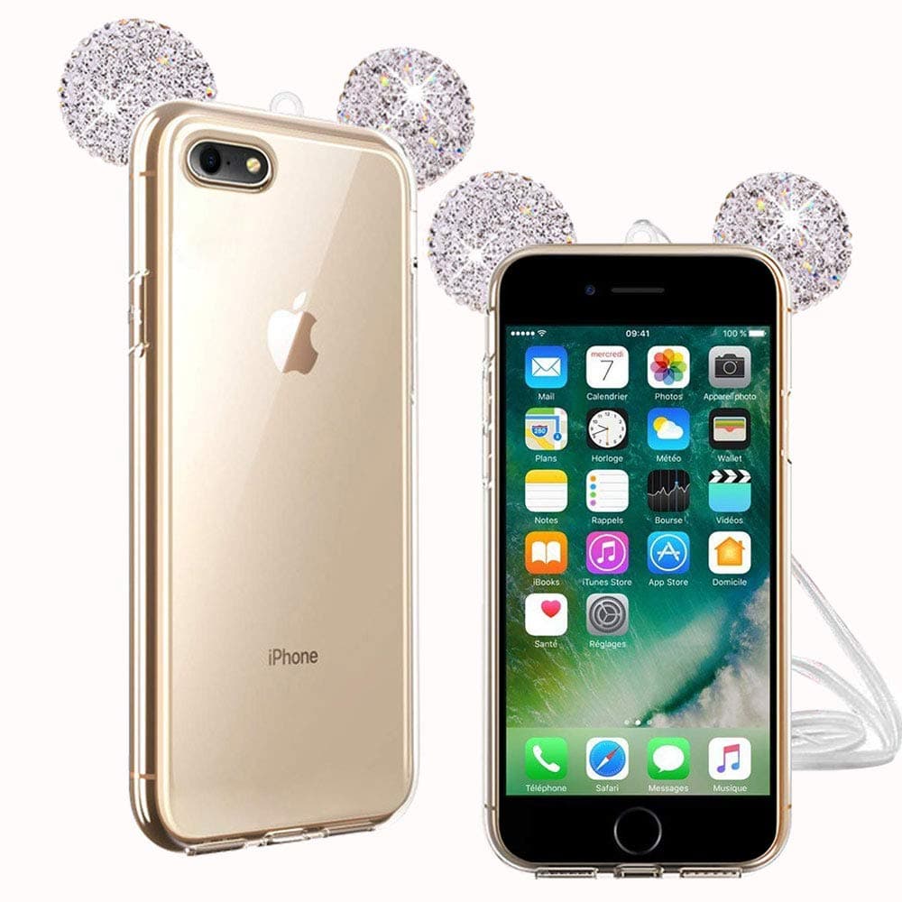 Case for iPhone 6/ 6S, 3D Sparkle Shiny Rhinestone Diamante Cute Mickey Minnie Mouse Ears Design, Ultra thin TPU Soft Shell with Lanyard Skin Care Shockproof Anti-Scratch - Silver