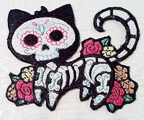 Custom and Unique (4" x 3.2" Inch) Holiday Spooky Day of The Dead Sugar Skeleton Dead Feline Cat Iron On Embroidered Applique Patch {White, Pink, & Green Colors}