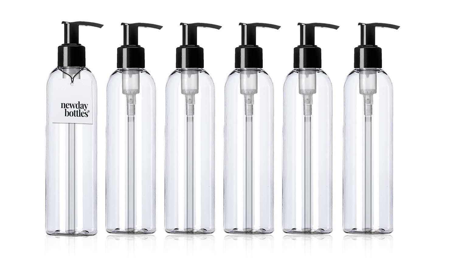 Newday Bottles, Empty Plastic Bottles with Lotion Pump Dispenser BPA-Free Made in USA (6 oz, Lock-up Clear with White Pump Pack of 6)