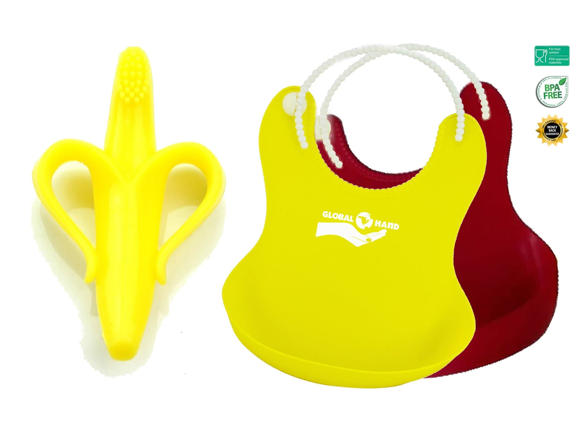 Global Hand Baby Bibs and Banana Shaped Silicone Teether, 2 Piece