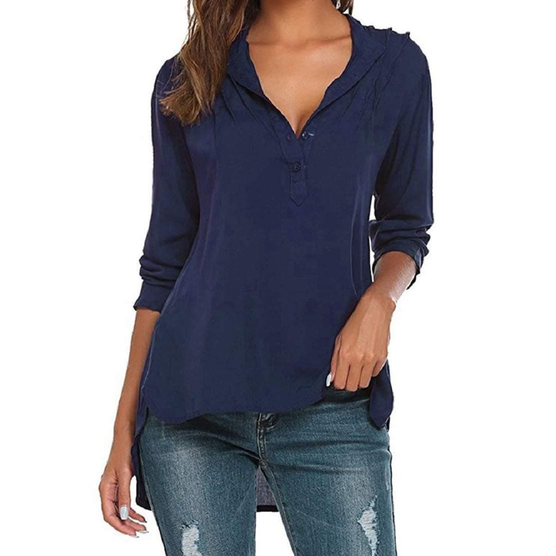 LowProfile Womens Solid Button Long Sleeve High Low Tunic Tops Chiffon T-Shirt Blouse