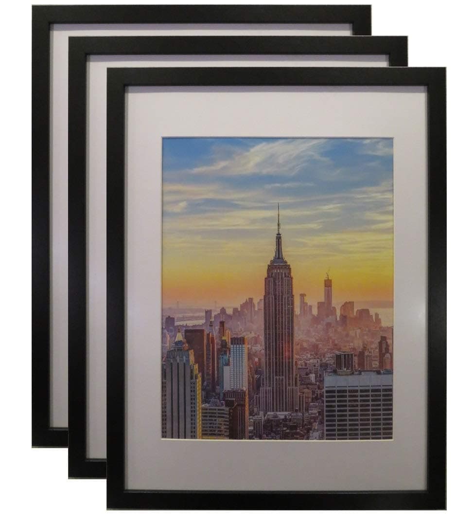 Frame Amo 18x24 Black Picture Frame, White Mat for 14x18 Image, 1 Inch Border, Acrylic Face, 3-Pack