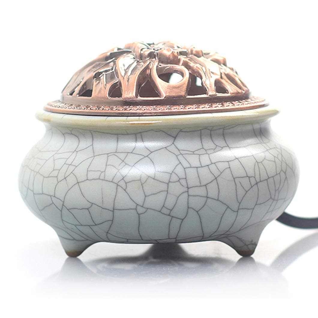 Ceramic Home Decration Incense Sticks or Burner Porcelain Incense Holder,Censer Aroma Diffuser with Adjustable Timer,Copper Cover Holders,Daily Aromatherapy Necessities for Office