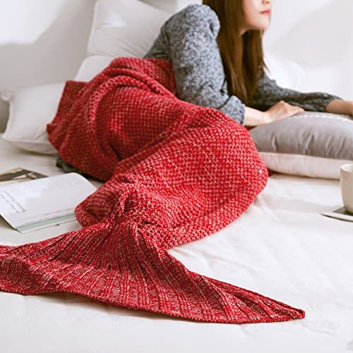 Fredhome Mermaid Tail Blanket Warm and Soft Knitting Sofa Sleeping Blanket for Kids Adult (71"x35", Red)