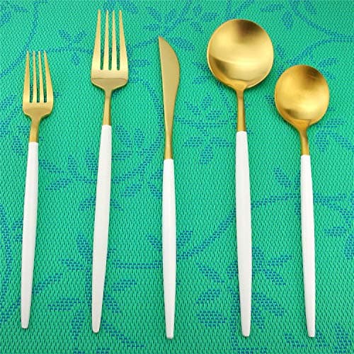 20-Pieces Matte White Gold Flatware Set - Elegant Modern Luxury Design Cutlery for Everyday Casual Use Dinnerware Cutlery Set Service For 4 Dishwasher Safe (White Gold)