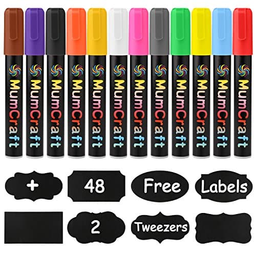 Chalk Markers 12 Pack Liquid Chalk Markers with Free 48 Pcs Multi-design Chalkboard Labels, 2 Pcs Tip Change Tweezers- Erasable Vibrant Colors, Reversible Tips (Bullet and Chisel Tip), Green Product