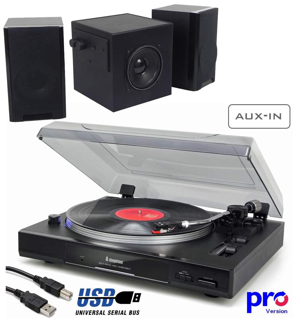Full Size Belt Drive 2-Speed Semi-Automatic PRO Turntable Record Player. Record Records to Computer (USB), Pitch Control, Anti-Skating, S Shape Metal Tone Arm (DJ Professional), AUX IN. Inc: Speakers