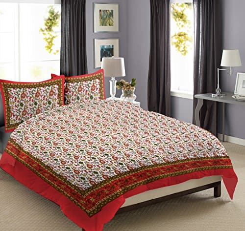 Jaipur Textile - Bed Cotton Full King Size Luxury Designer 100% Cotton Sanganeri Printed Mattresses Bedcover Traditional Duvet With 2 Pillow Cases