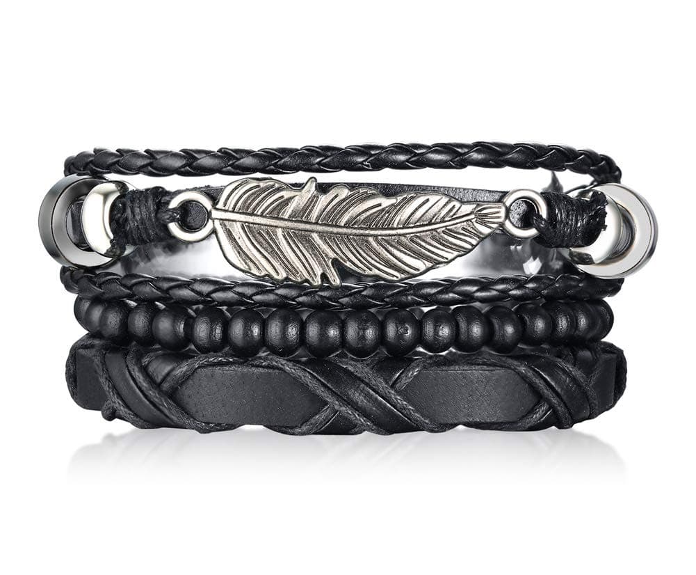 Handmade Stacked Set of 3 Black Multi Strand Multi-Layered Bohemian Cuff Wristband Boho Leather Bracelet With Alloy Steuermann Charm Hemp Cords Wood Beads Ethnic Tribal Believe Bracelet,Black