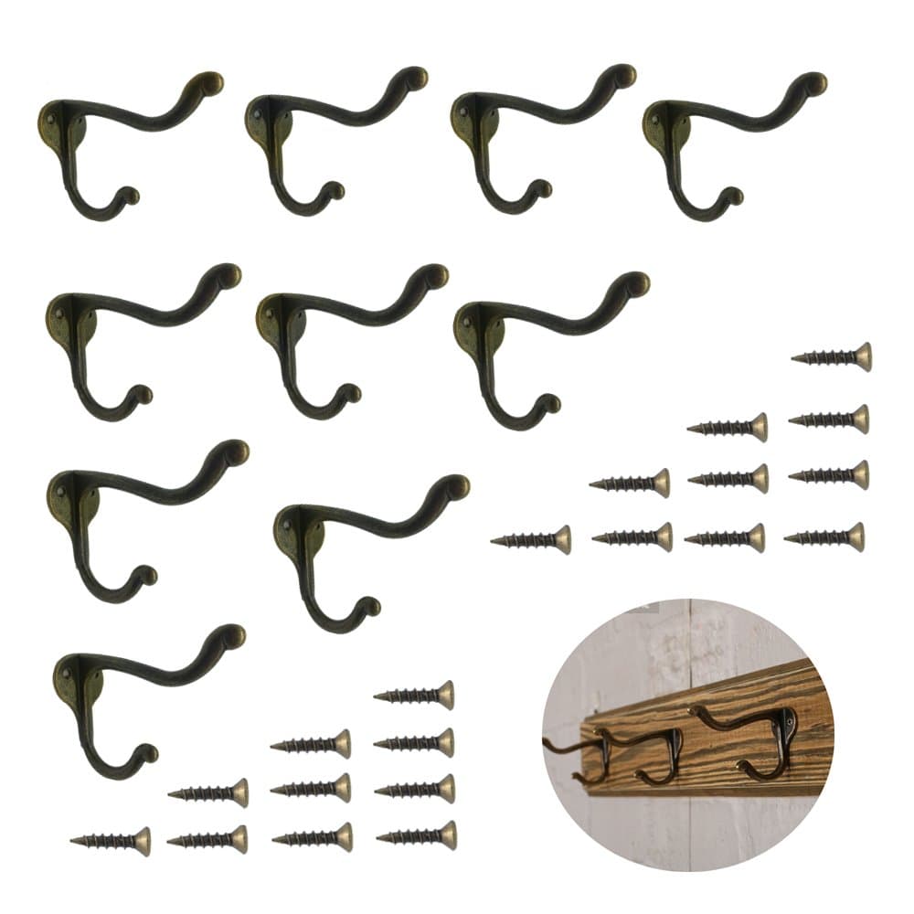 10 Pcs Vintage Bronze Single Coat Hooks Wall Mounted Single Hat Towel Clothes Hooks Hangers for Bath Kitchen Garage Heavy Duty with 20 Pcs Screws