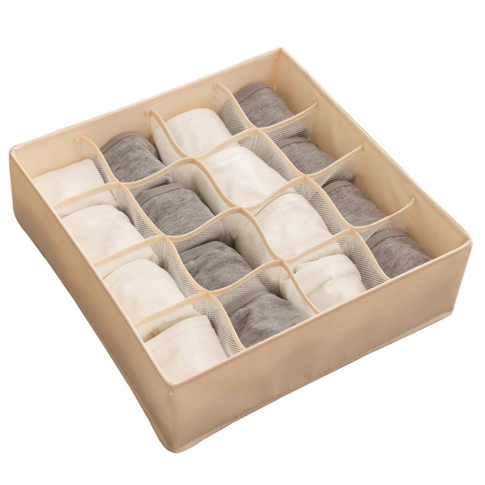 ALYER Collapsible Fabric Drawer Organizer Divider,Closet Storage Box Bins Containers for Panties,Underwear, Ties,Bras, Socks, Lingerie (Beige-16 Cells)