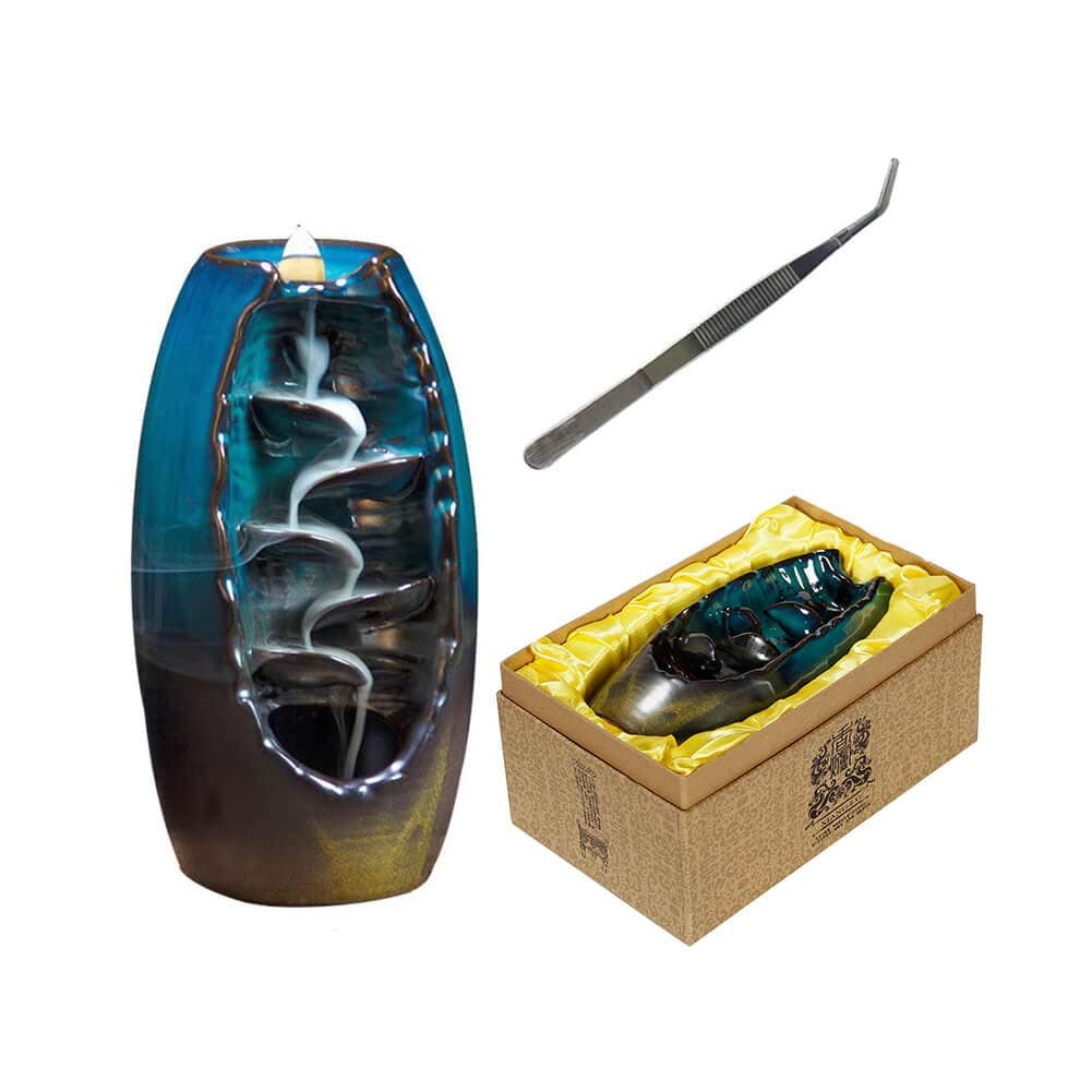 Dinghao Waterfall Backflow Incense Burner, Handmade Ceramic Censer Smoke Backflow Incense Holder for Home Decor + 1 Tweezers & 10 Cone Incenses Free (Blue)
