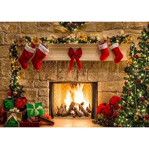Delife 7x5ft Durable Fabric Christmas Fireplace Theme Backdrop Tree Sock Gift Decorations for Xmas Party Supplies Photo Background Pictures Banner Photography Studio Decor Booth Props